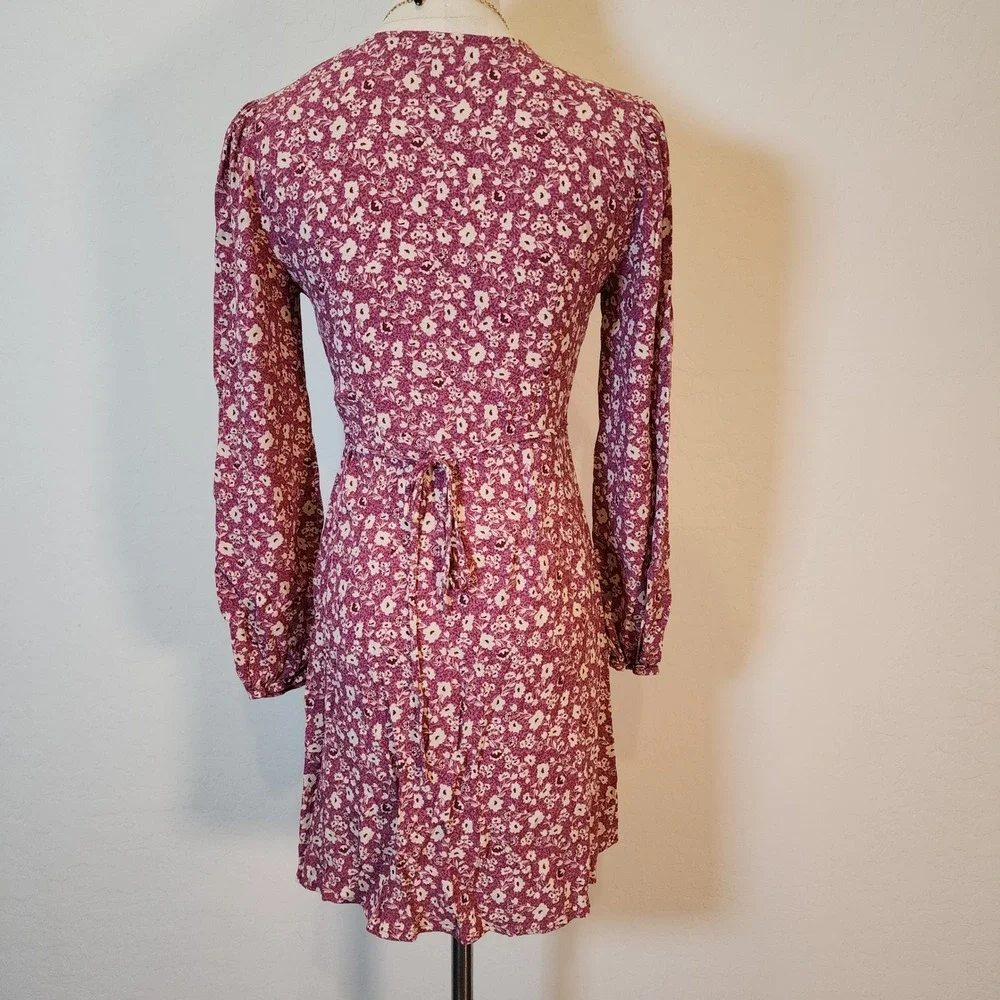 Elodie Floral Print Long Sleeve‎ Mini Wrap Dress Burgundy Size 8